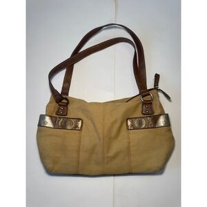 Womens Tan Canvas Leather Trim Hobo Shoulder Bag Purse Southwestern Detail